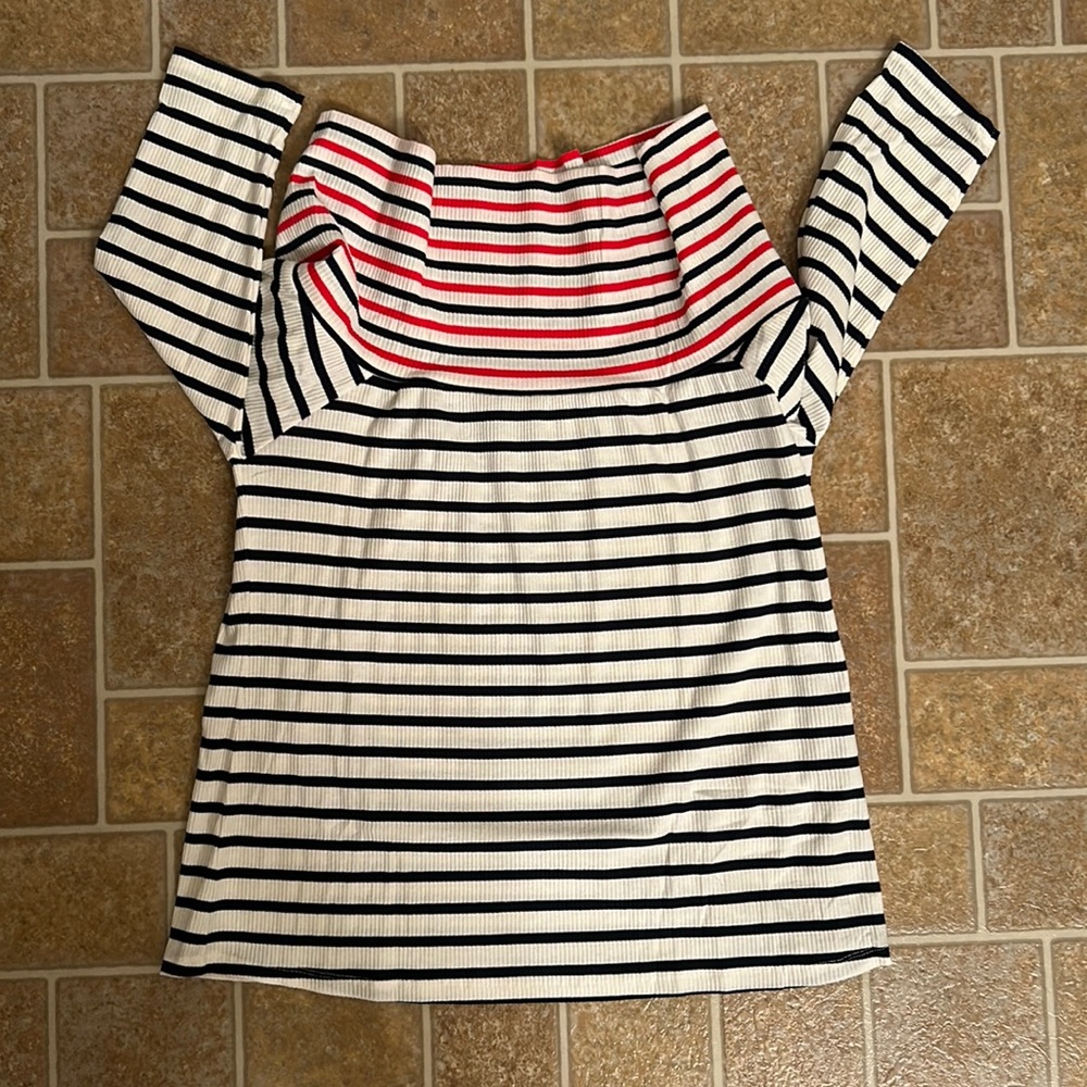 Castaluna Cream Blue Stripes Off Shoulder Cotton-blend Shirt Size 14/16